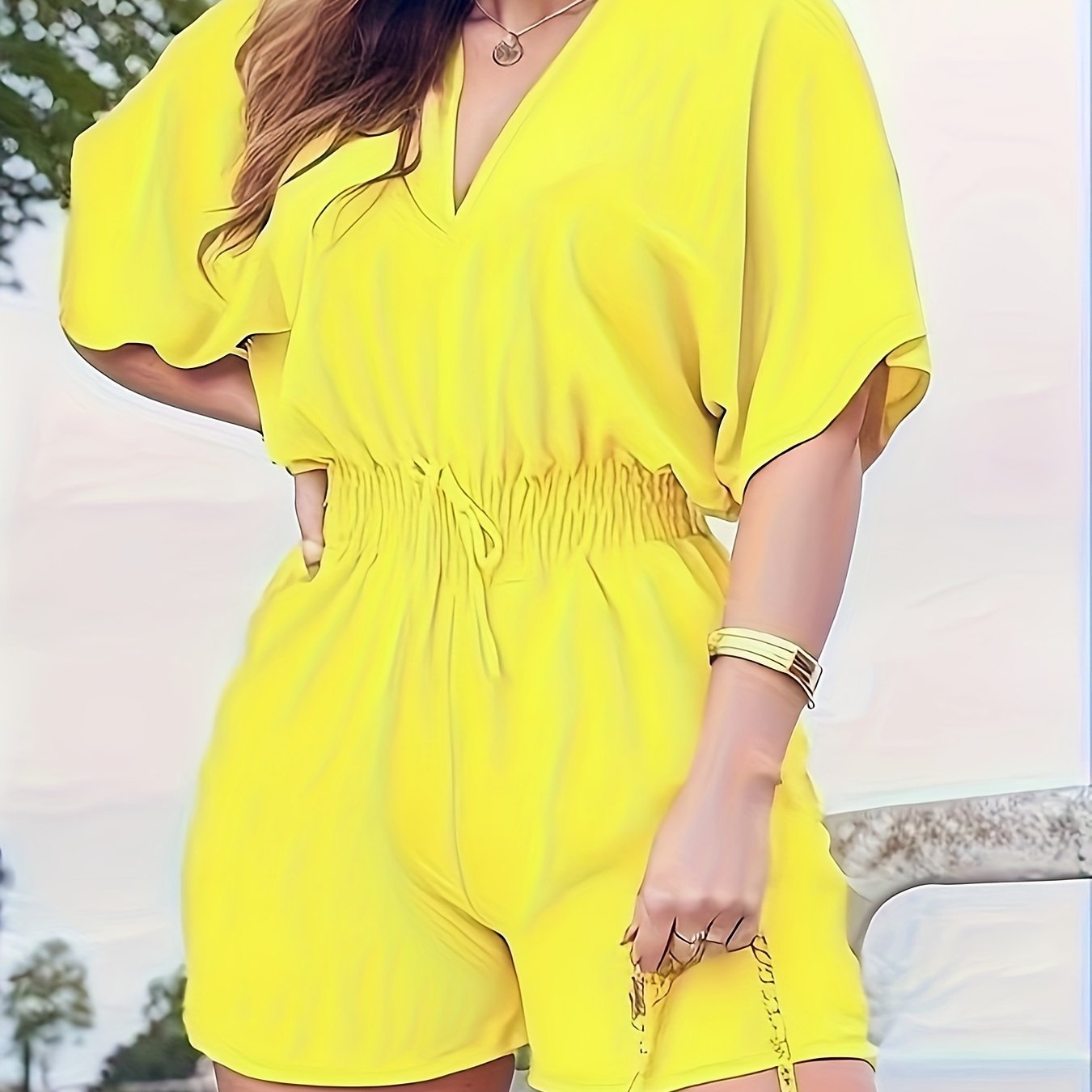 Women's Relaxed V-Neck Drawstring Waist Romper