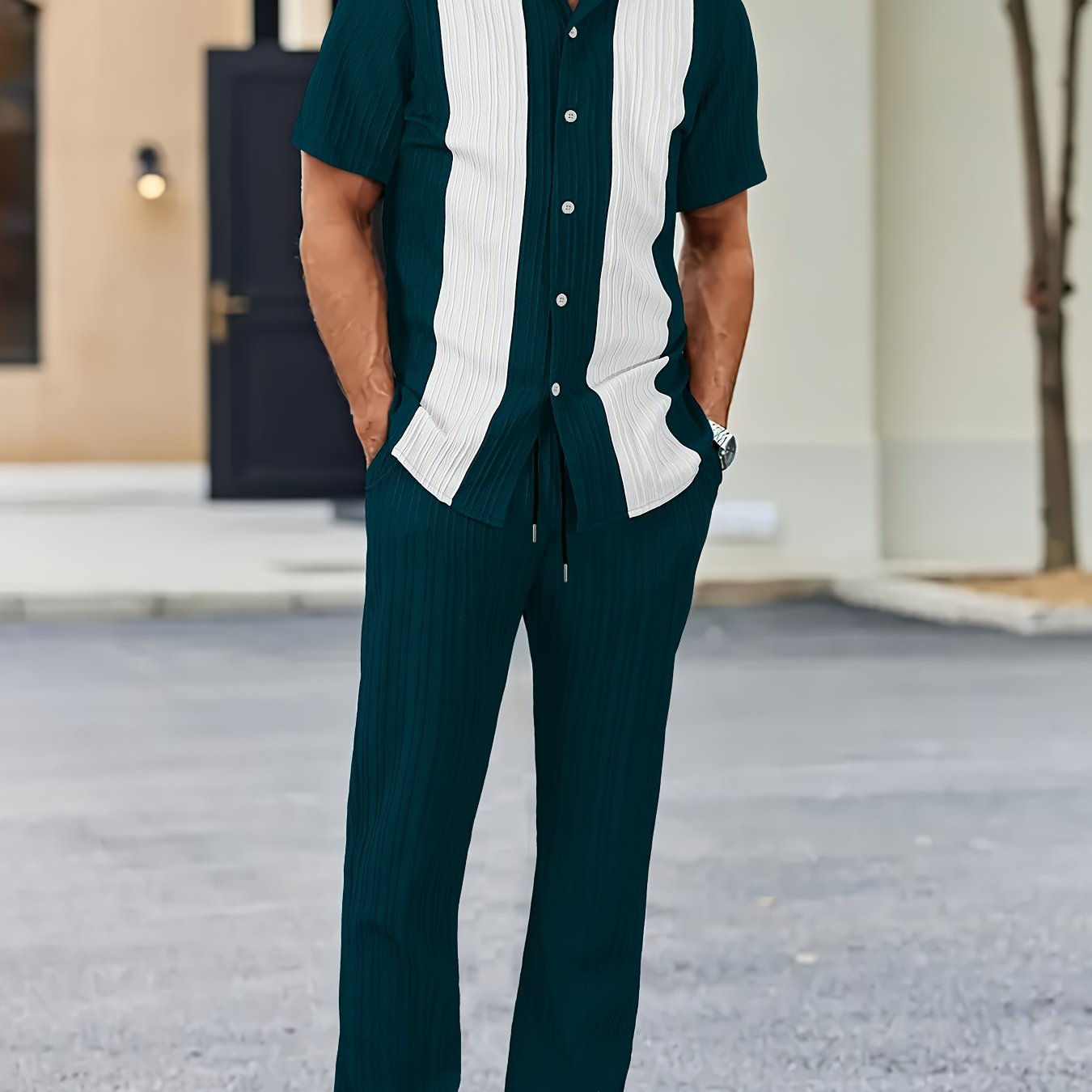 Men's Textured Stripe Shirt & Trousers Set