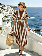 Women's Striped Midi Dress with Waist Detail and Short Sleeves