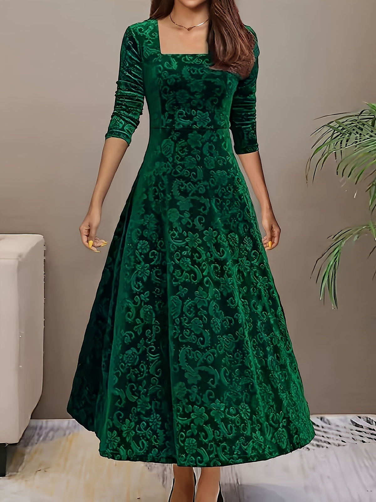 Women’s Elegant Square Neck Jacquard Maxi Dress