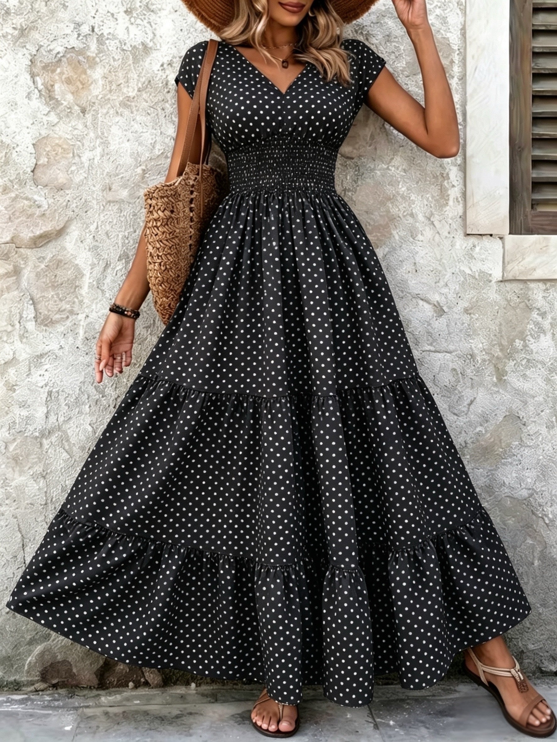 Women's Polka Dot Tiered Maxi Dress