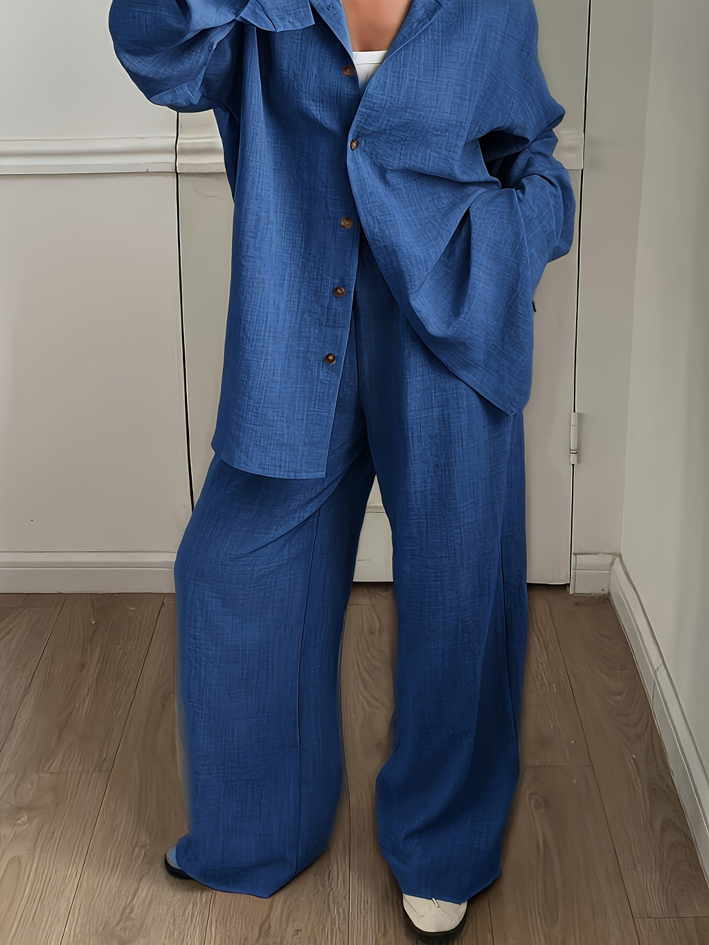 Women's Relaxed Button-Up Shirt and Wide Leg Pants Two-Piece Set