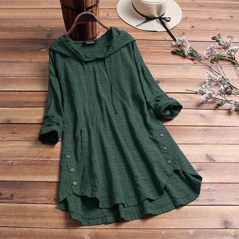 Blouse tunique à manches longues avec capuche et boutons pour femme