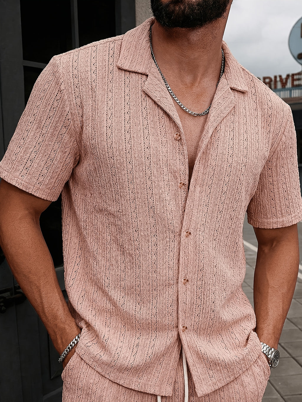 Men's Textured Open Knit Button-Up Resort Shirt