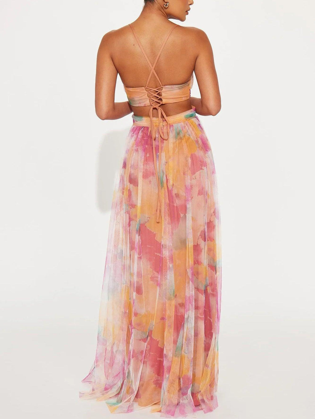 Damen elegantes Tüll-Maxikleid mit Aquarell-Blumenmuster und fließender Passform