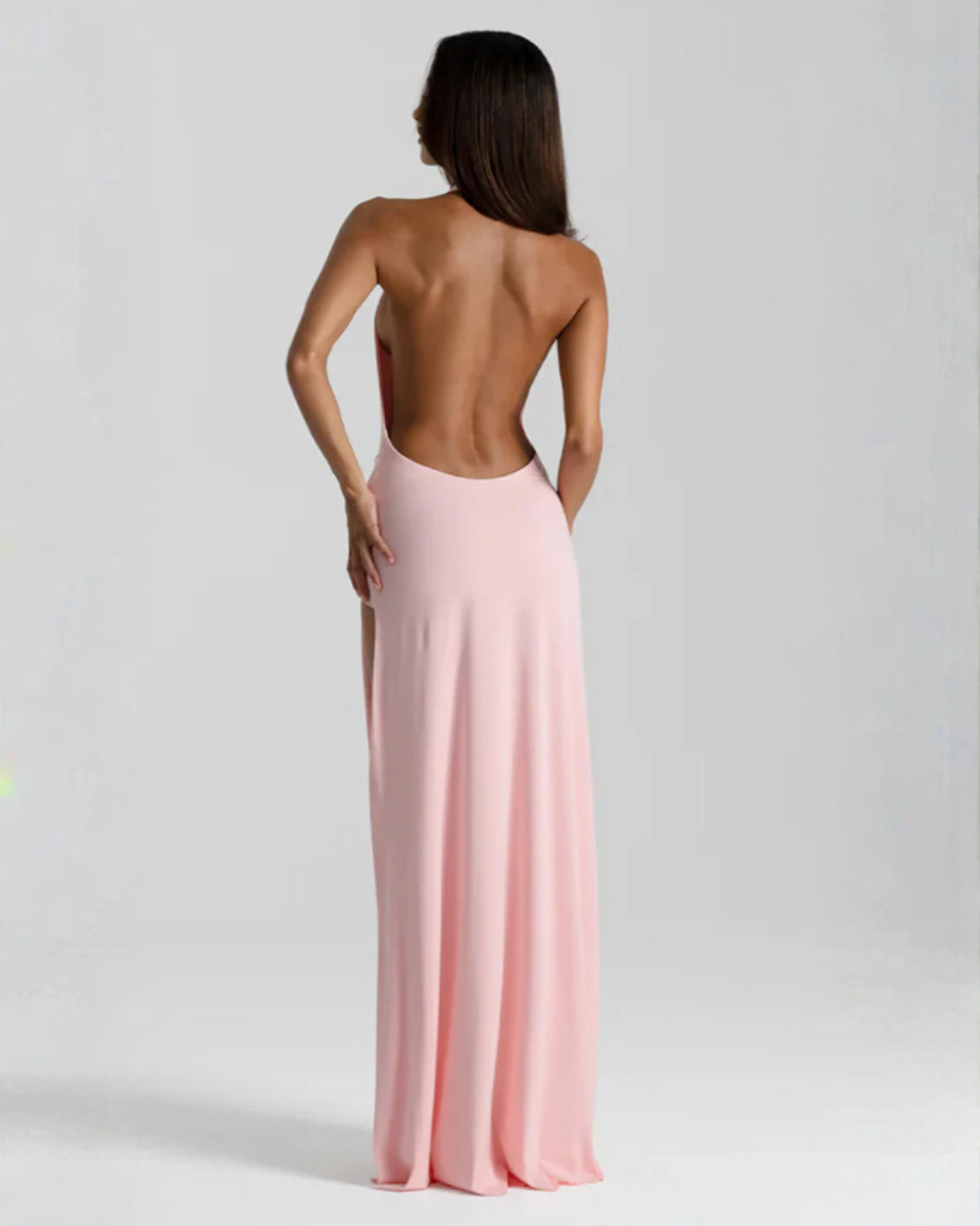 Women's Halter Maxi Dress with Open Back and Draped Side Slit
