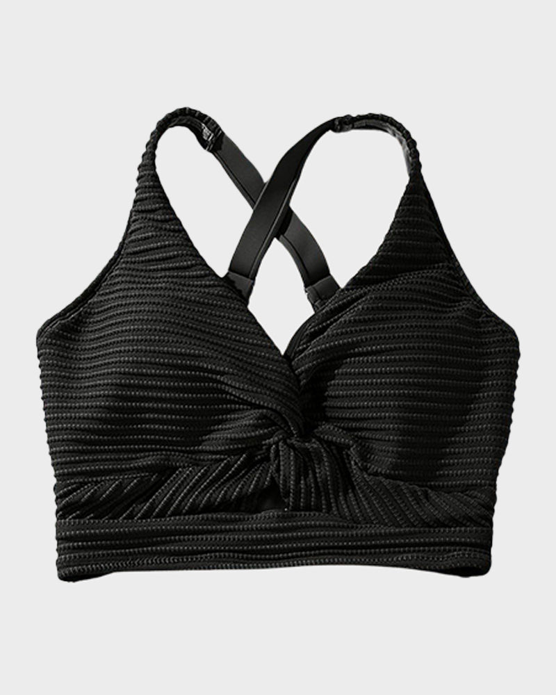 Damen-Rippen-Bikini-Set mit gedrehtem Oberteil und hochgeschnittenem Slip