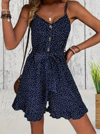 Women's Polka Dot Romper with Button Front and Adjustable Waist Tie