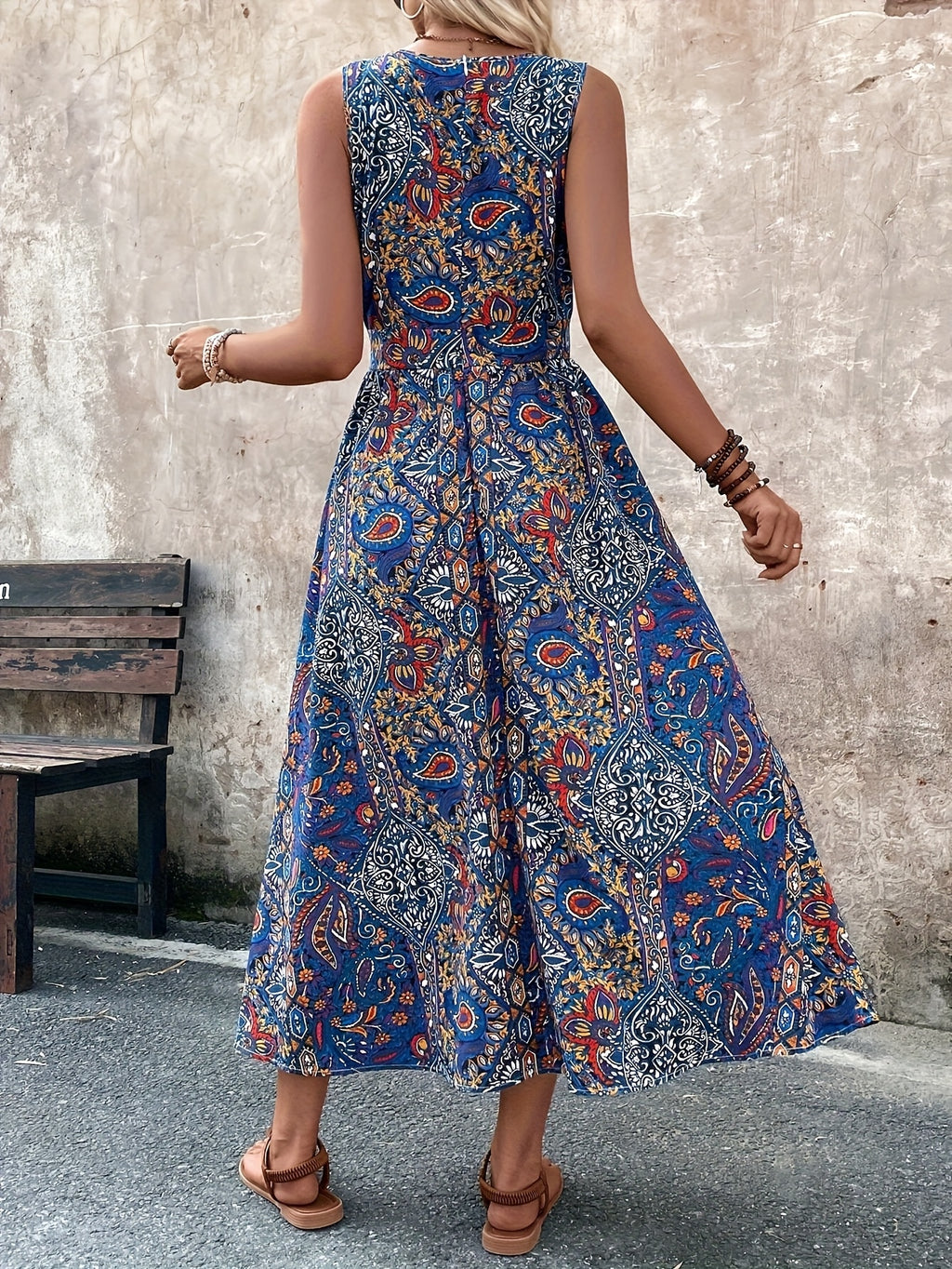Women’s Bohemian Paisley Midi Dress with Flowing Split Design