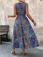 Women’s Bohemian Paisley Midi Dress with Flowing Split Design