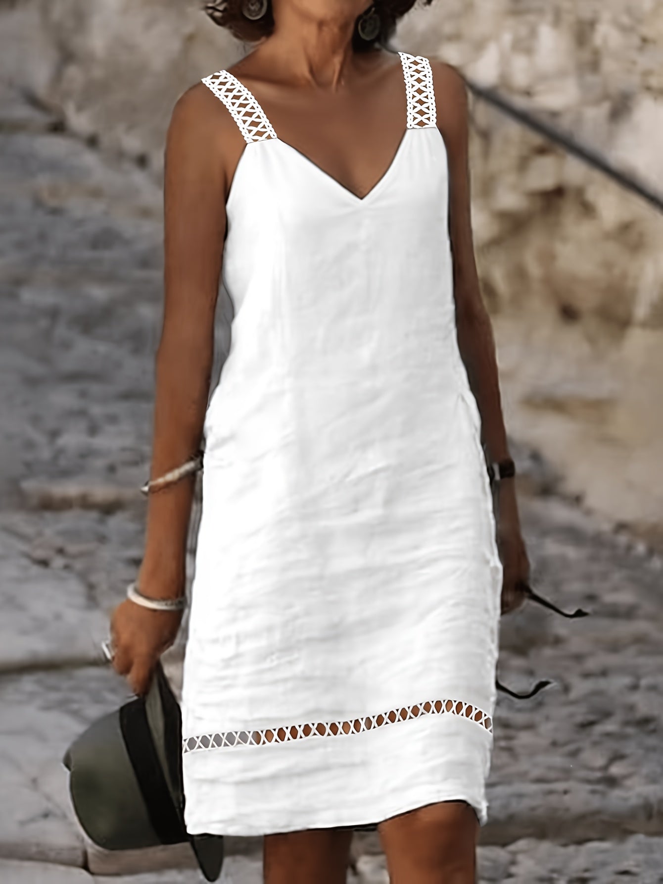 Women's Sleeveless V-Neck Lace Trim Casual Midi Dress