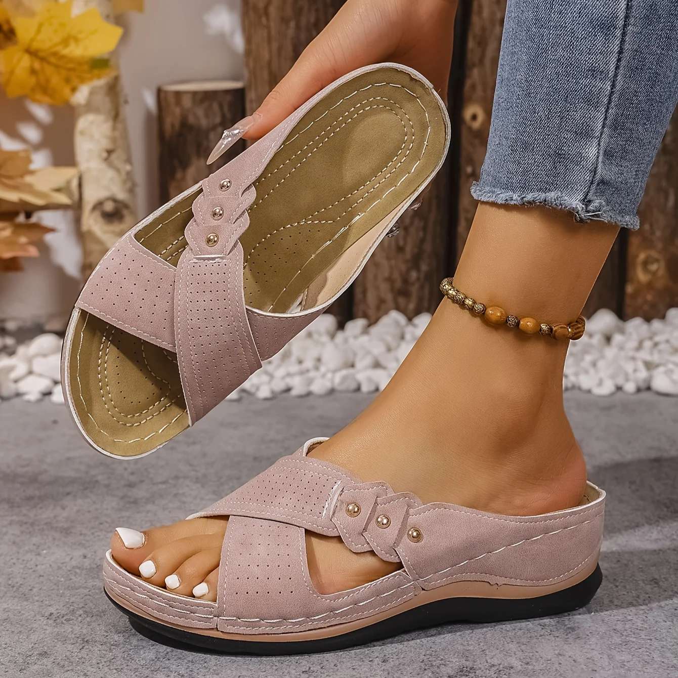 Women's Comfort Slip On Sandals with Cross Strap Design