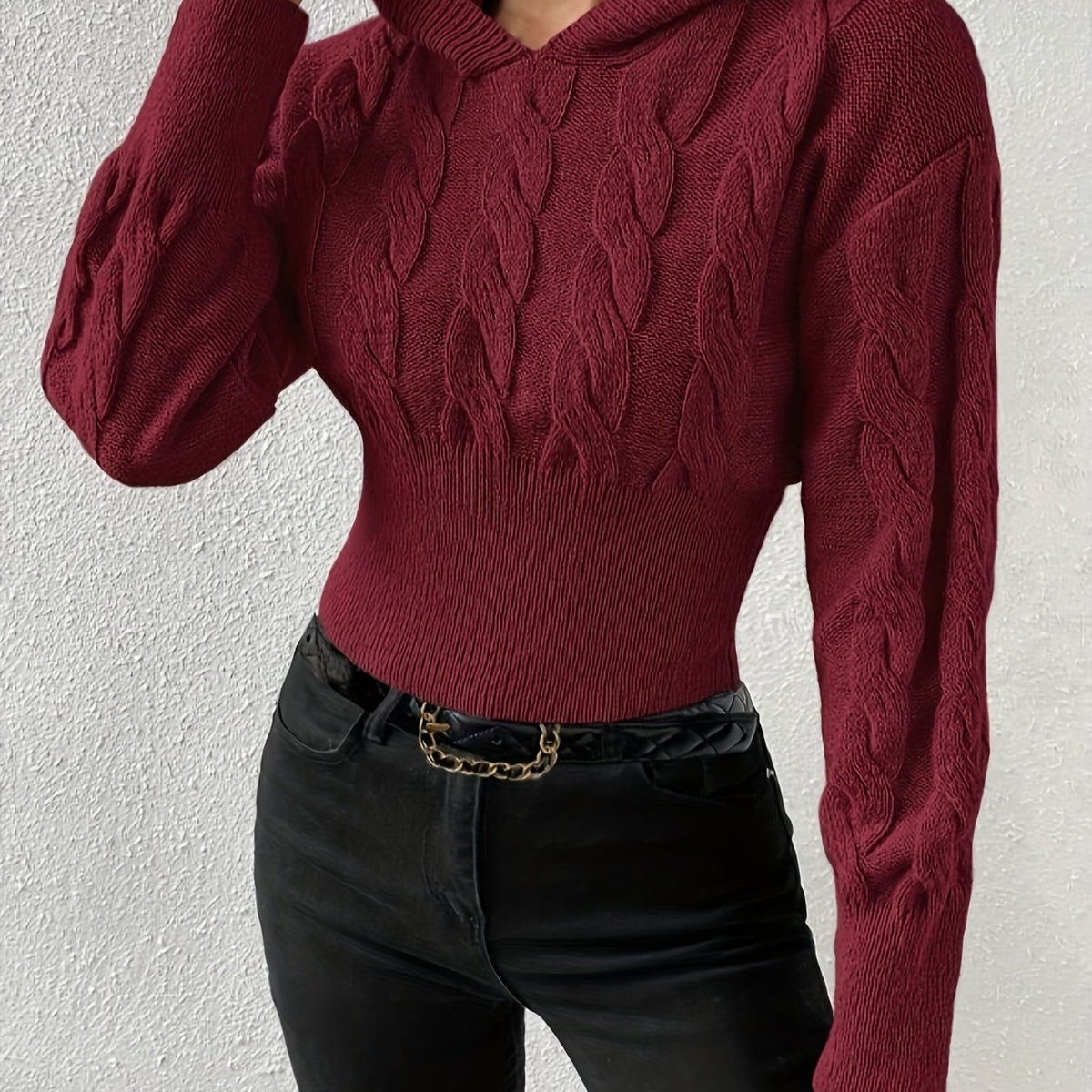 Pull pour femme à capuche en maille torsadée avec bord-côte