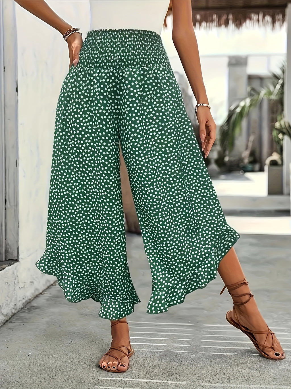 Women's Smocked Waist Wide Leg Trousers
