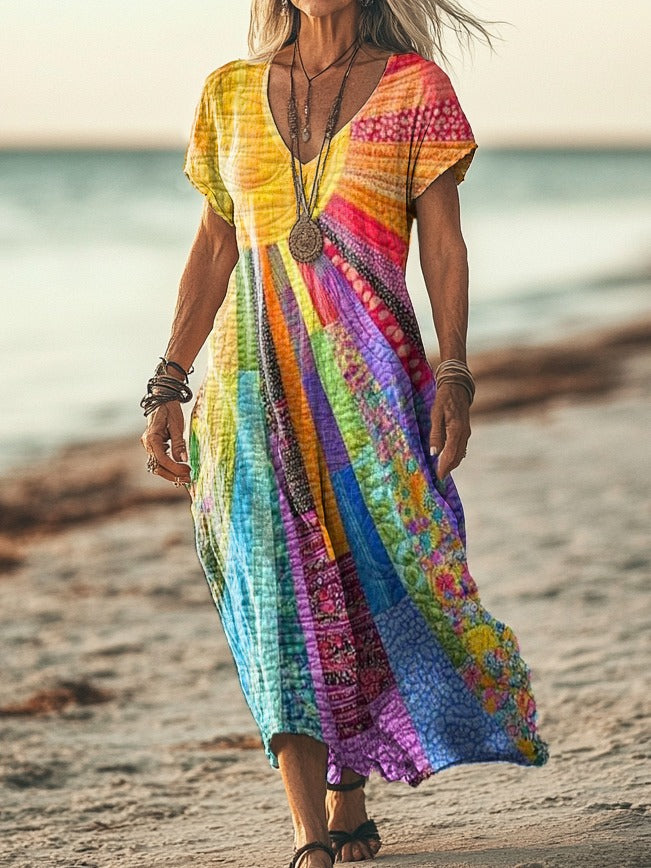 Robe mi-longue bohème à manches longues avec imprimé patchwork et col en V pour femme