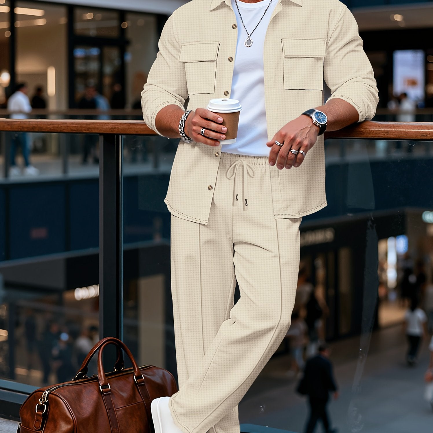Men's Textured Overshirt & Trousers Set