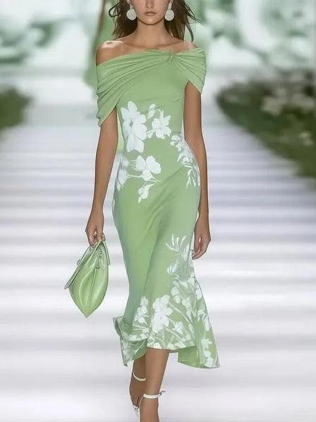 Damen elegantes Blumen-Midi-Kleid mit schulterfreiem Design und fließender Passform