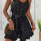 Women's Polka Dot Romper with Button Front and Adjustable Waist Tie