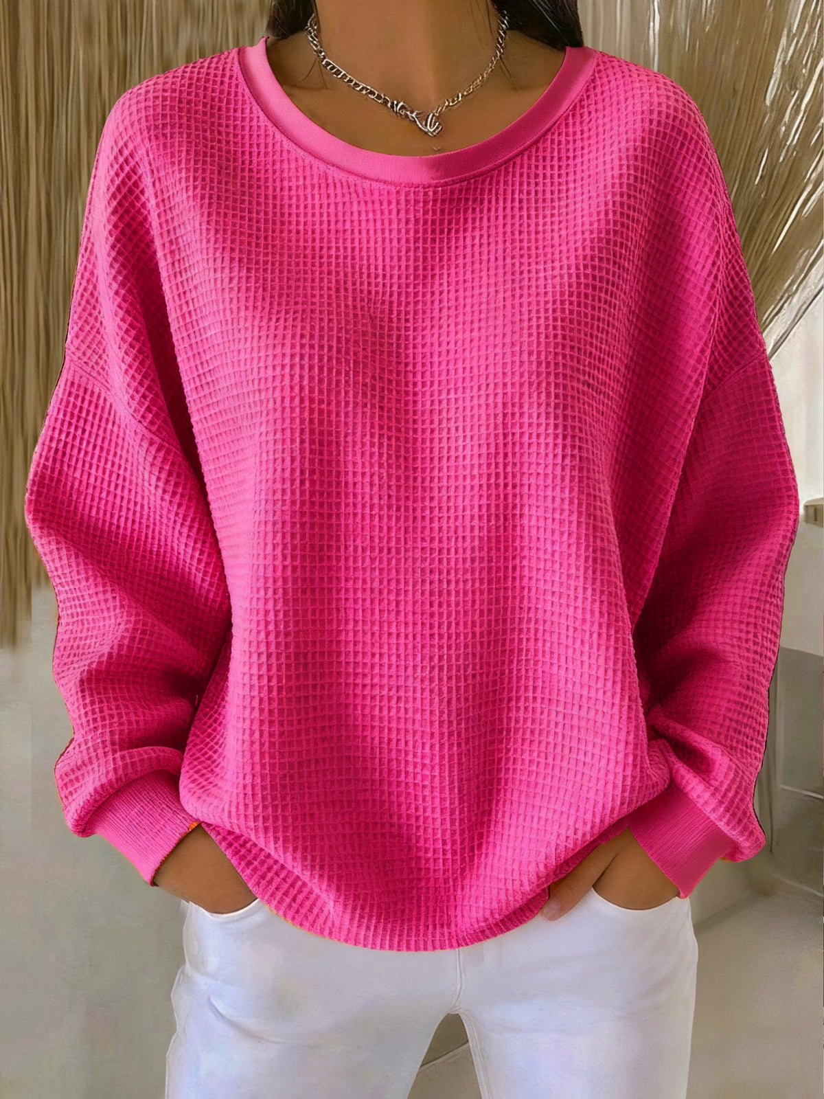 Women's Relaxed Crew Neck Pullover with Waffle Texture