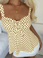 Women's Polka Dot Camisole Top with Drawstring Front and Pleated Detail