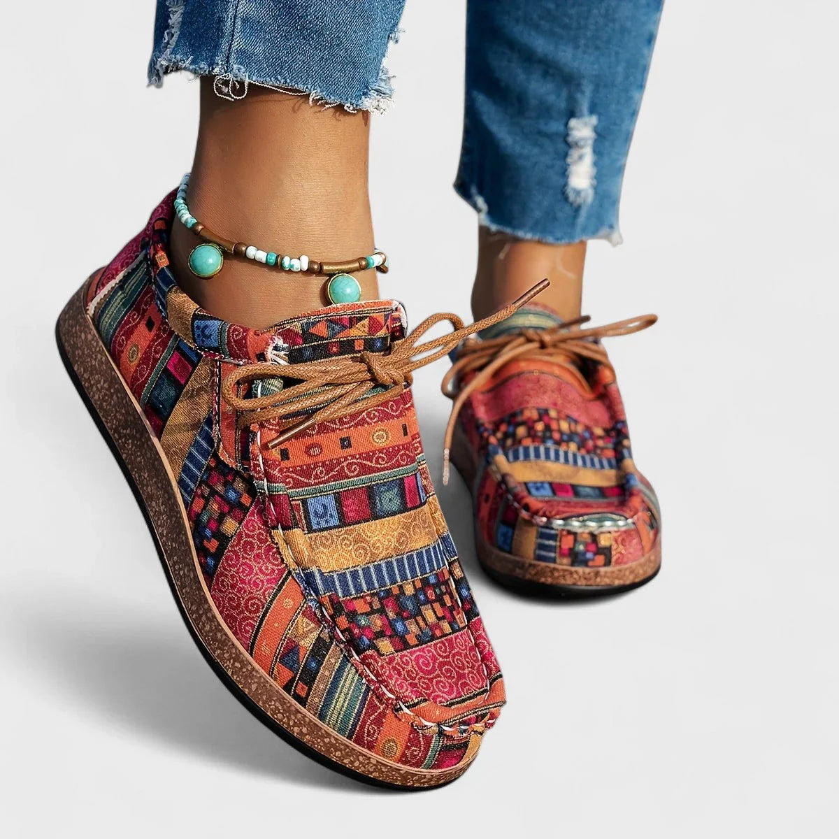 Zapatos casuales cómodos para mujer con patrón de patchwork y cordones de encaje