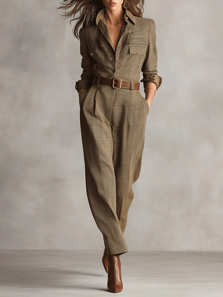 Women's Belted Long Sleeve Tailored Jumpsuit