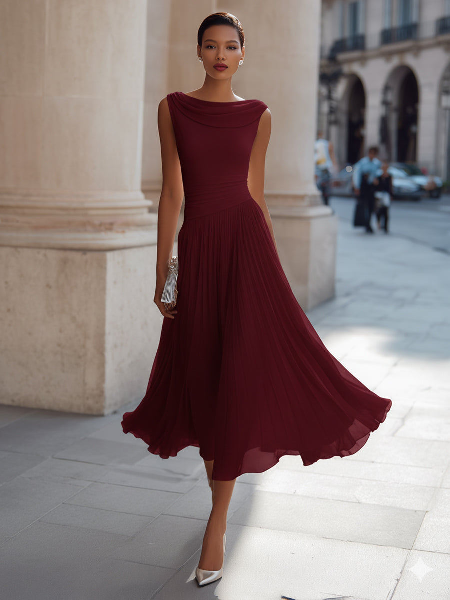 Ärmelloses Chiffon-Midikleid für Damen mit drapiertem Ausschnitt und geraffter Taille