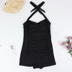 Women's Halter Swimsuit with Shaping Ruching and Built-In Shorts