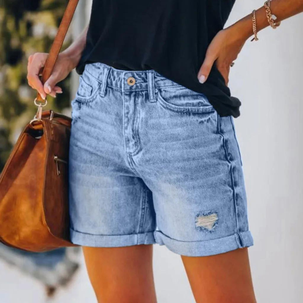 Women's Distressed Rolled Hem Denim Shorts with Relaxed Everyday Fit