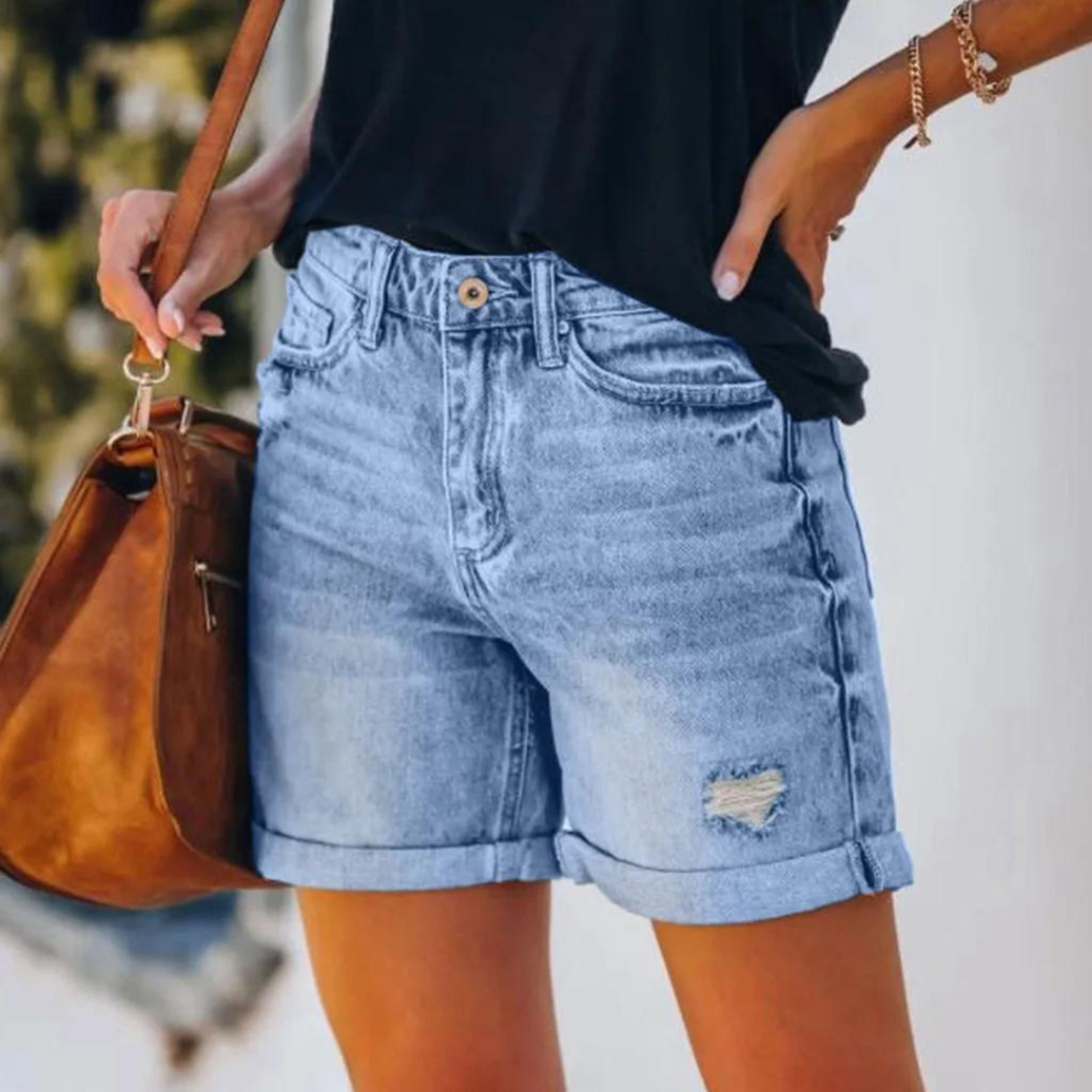 Women's Distressed Rolled Hem Denim Shorts with Relaxed Everyday Fit
