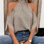 Women's Houndstooth High-Neck Top with Batwing Sleeves and Bow