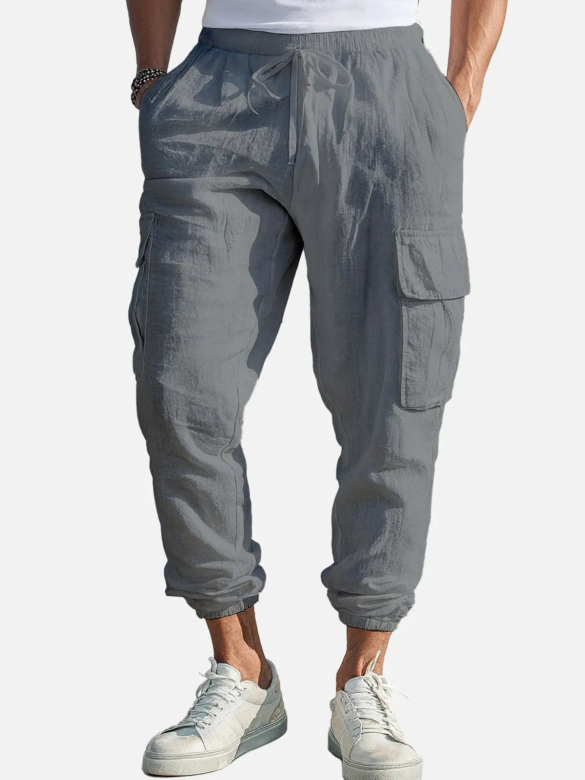 Men Lightweight Linen Blend Cargo Joggers with Relaxed Fit and Drawstring Waist