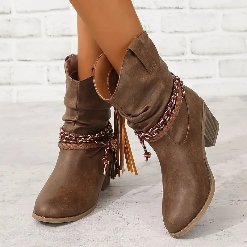 Bottes montantes tressées pour femmes, à hauteur du mollet, style enveloppant