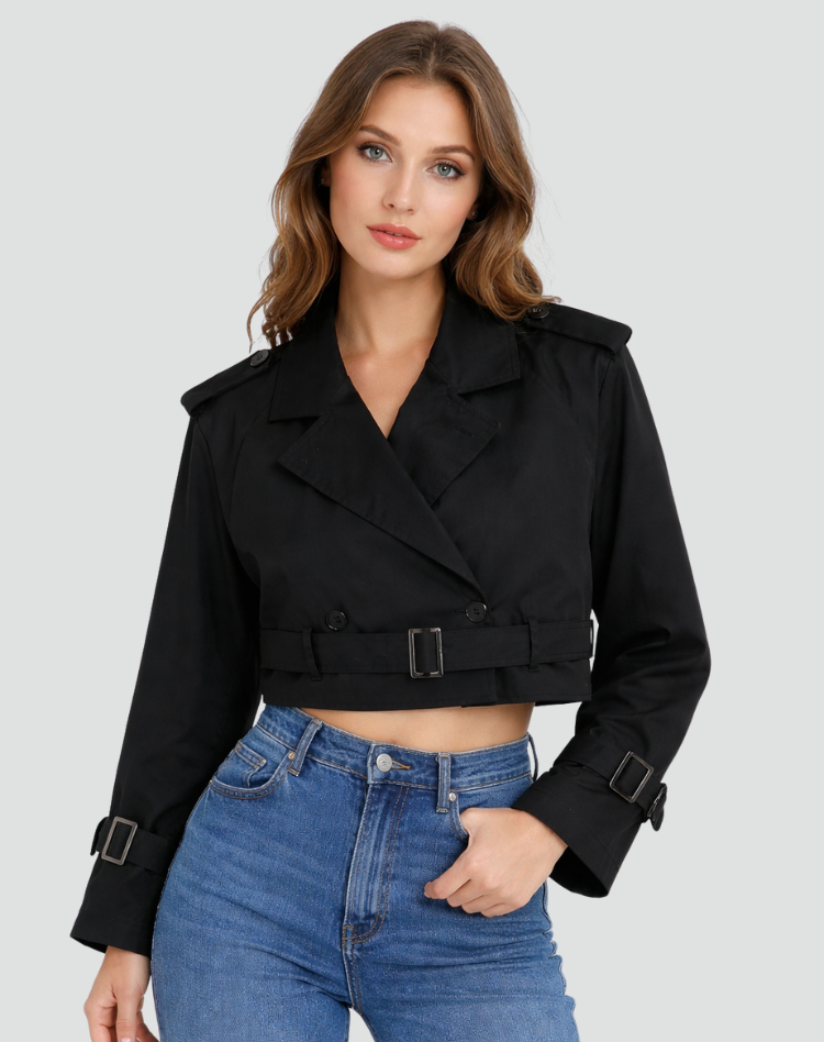 Women's Cropped Trench Jacket with Belted Waist and Tailored Fit