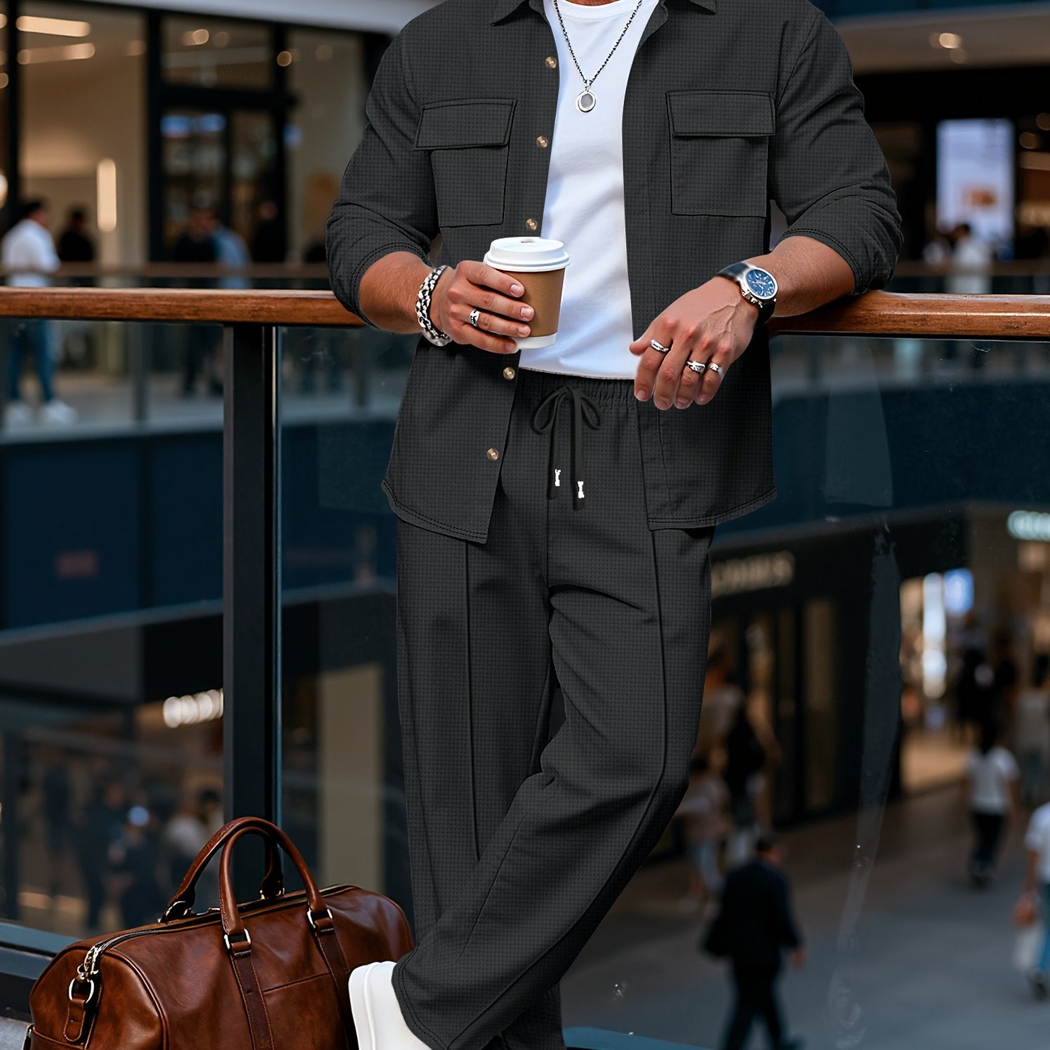 Men's Textured Overshirt & Trousers Set