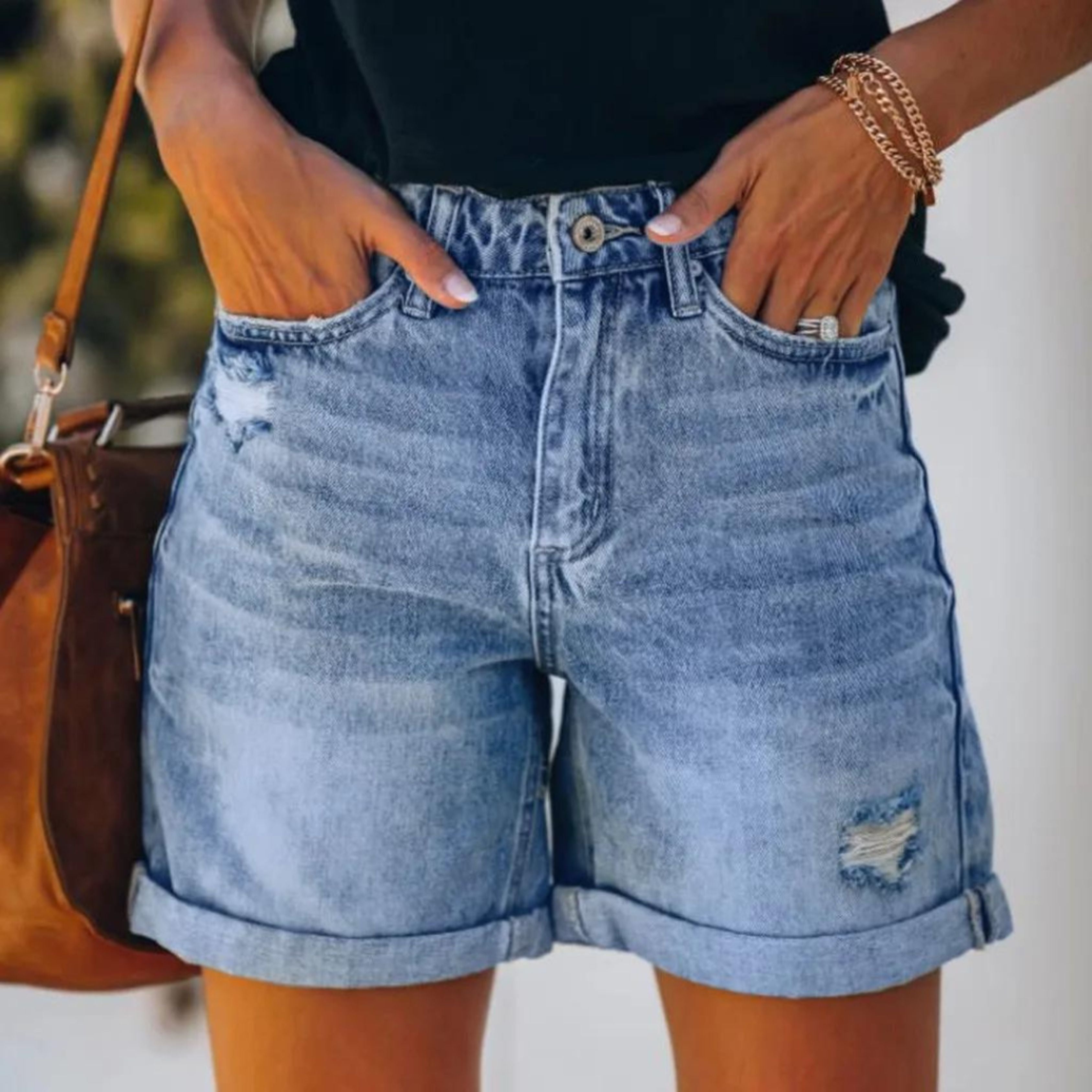Women's Distressed Rolled Hem Denim Shorts with Relaxed Everyday Fit