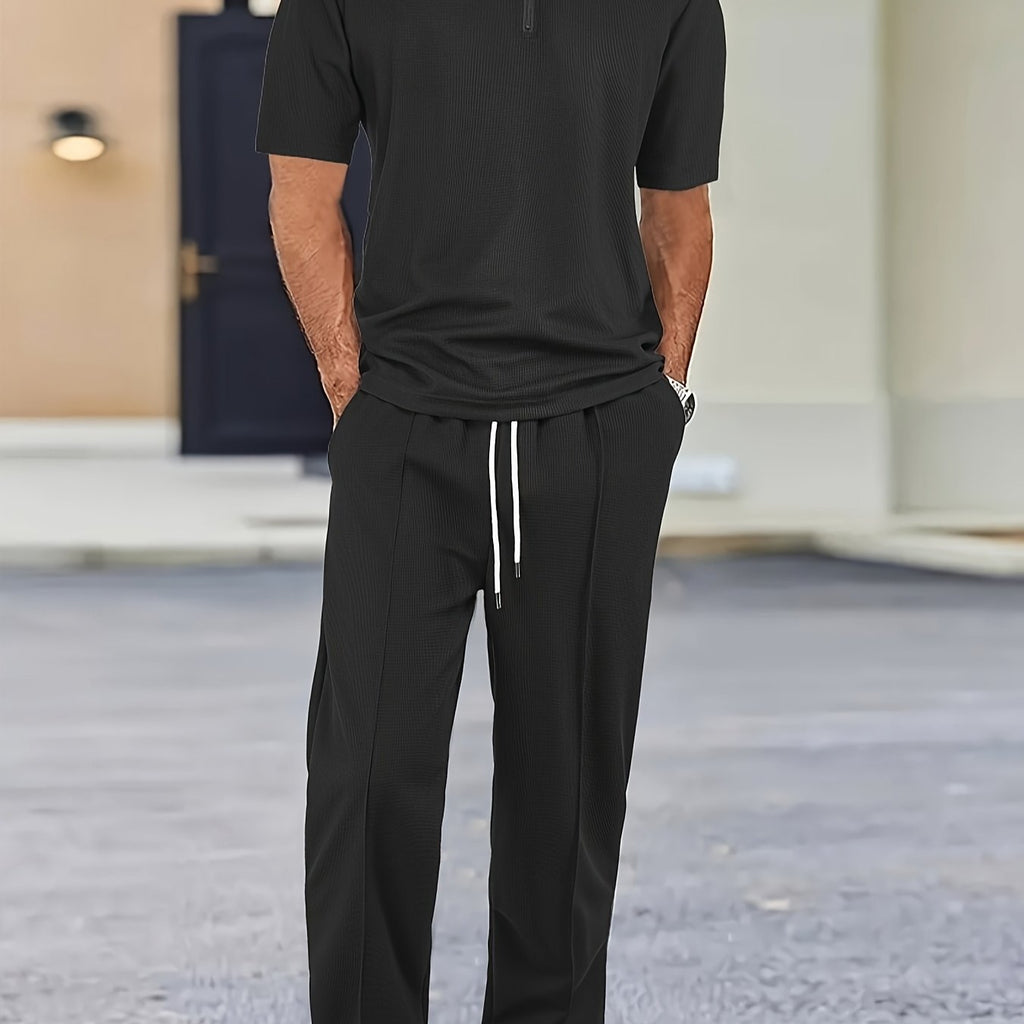 Men's Textured Half-Zip Polo & Trousers Set