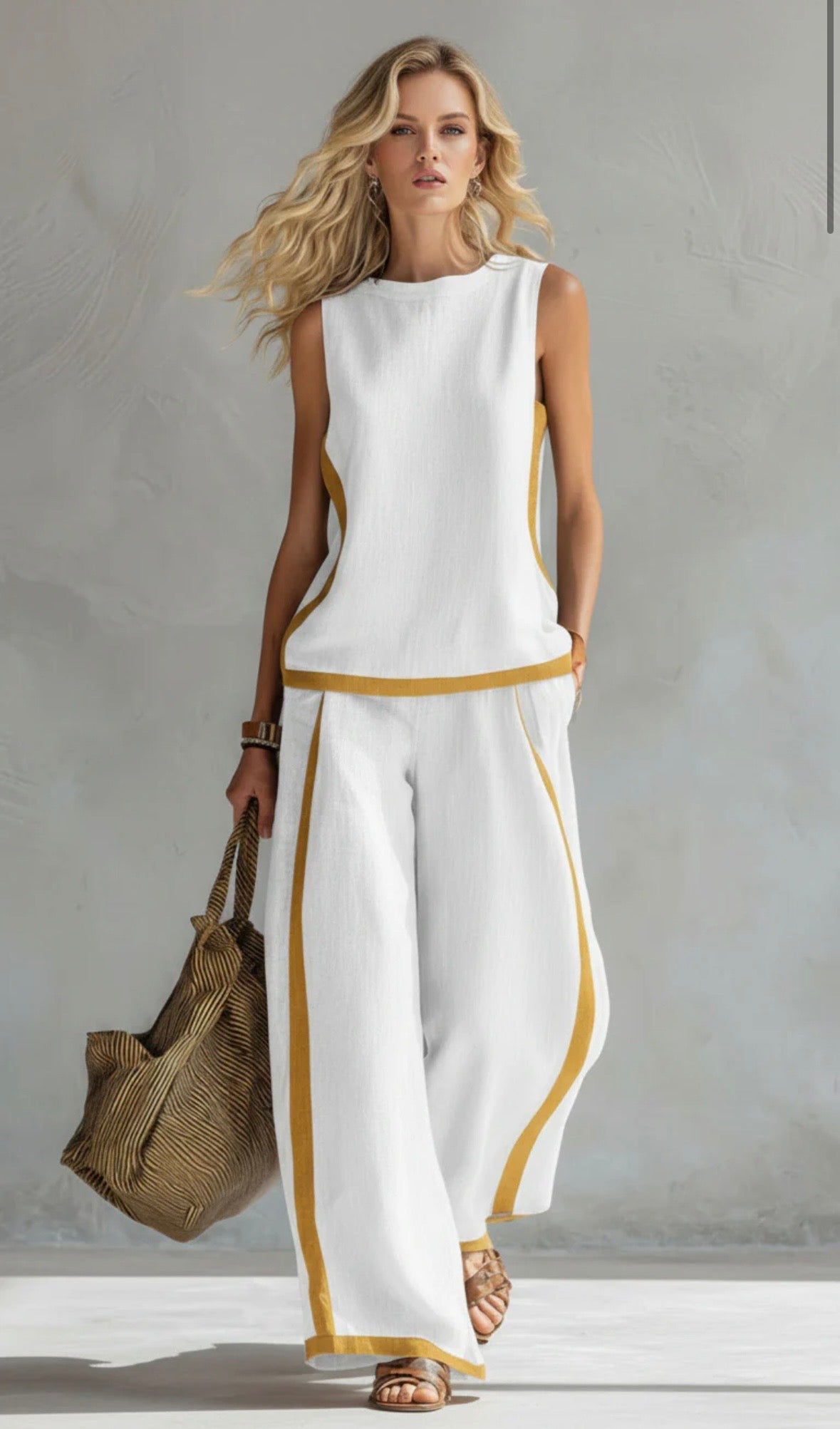 Ensemble pour femme composé d’un haut sans manches à bordure contrastée et d’un pantalon à jambes larges  