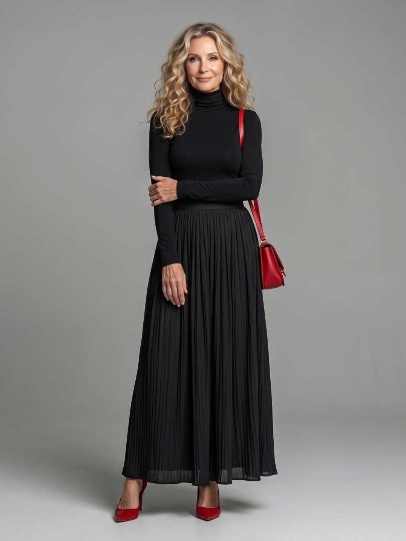 Women’s Turtleneck Pleated Maxi Dress