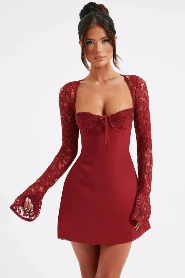 Women's Lace Mini Dress with Cupped Bust and Flared Sleeves and Fitted Design
