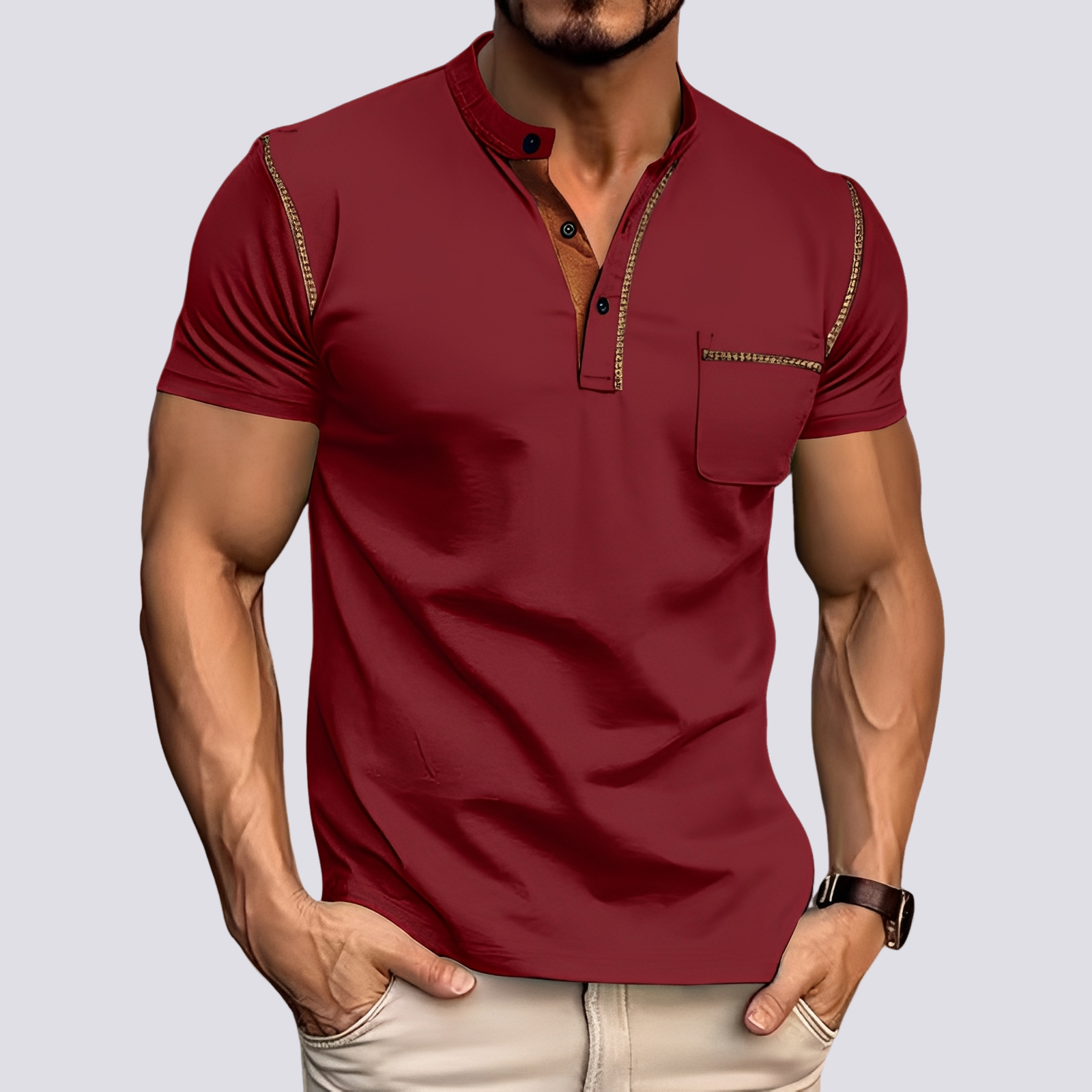 Herren Kurzarm-Henley-T-Shirt mit Kontrastbesatz und Brusttasche