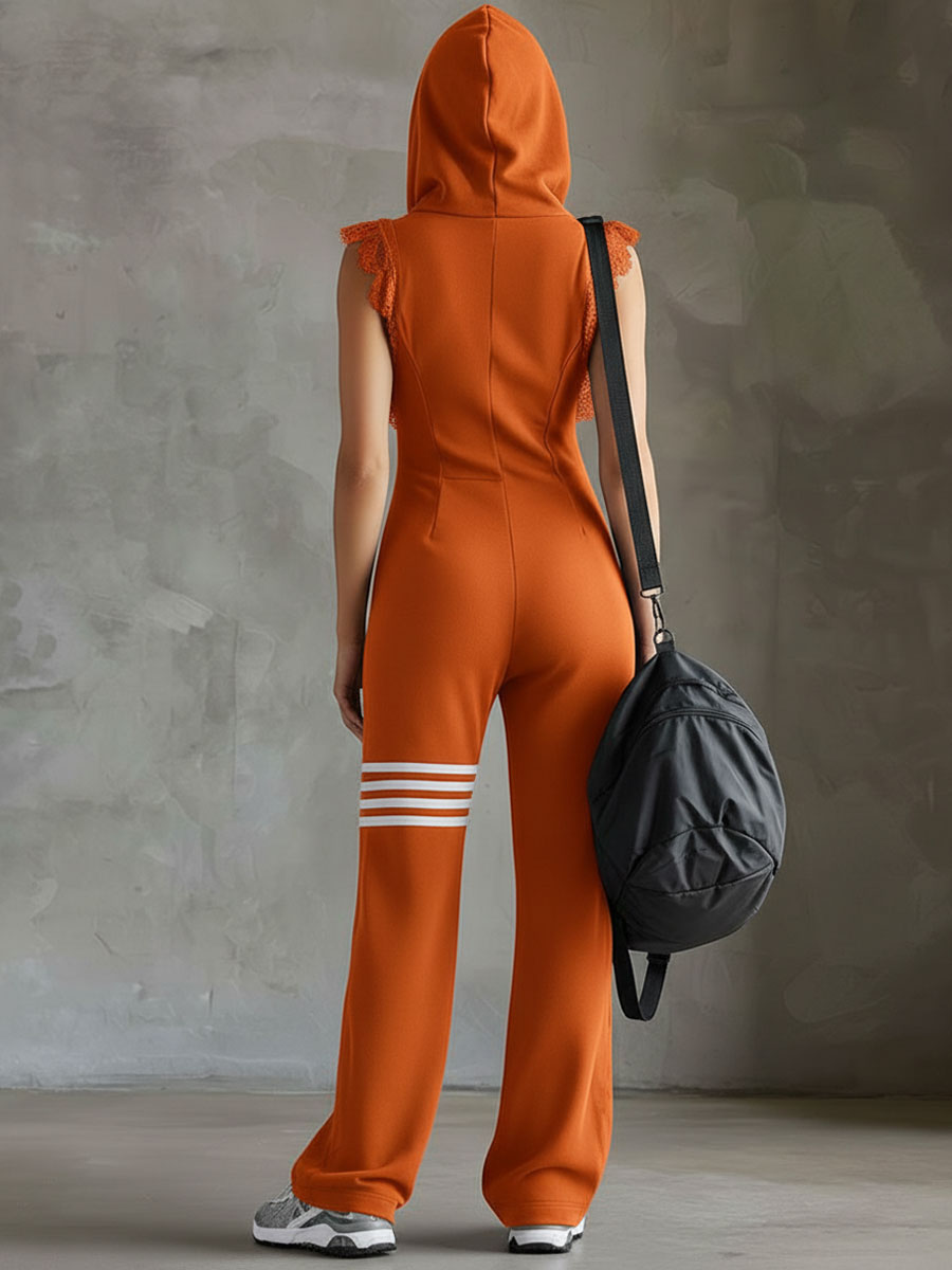 Damen-Jumpsuit mit Kapuze, Reißverschluss vorn und weitem Bein