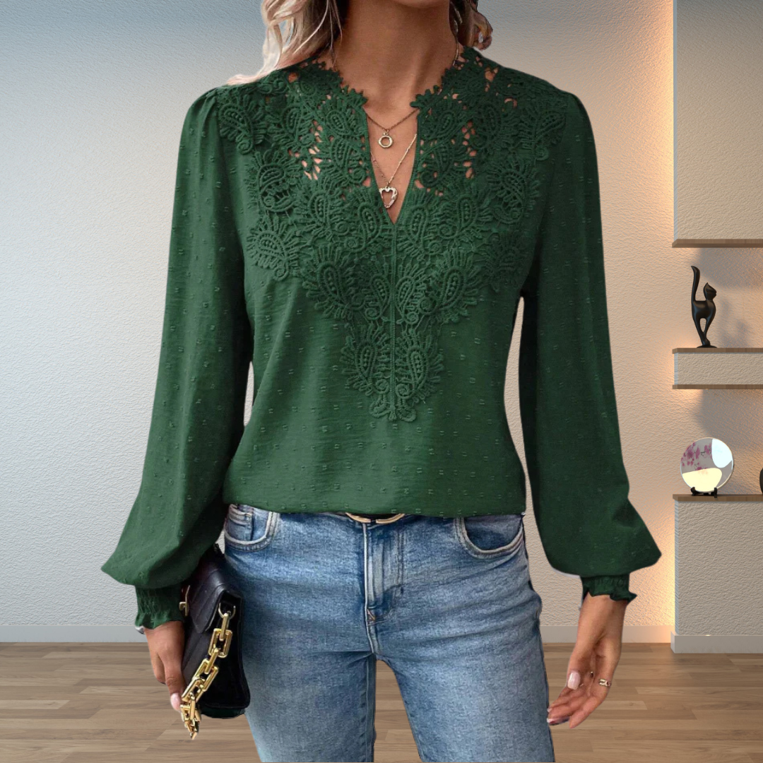 Blouse décontractée à manches longues en dentelle florale et col en V pour femme