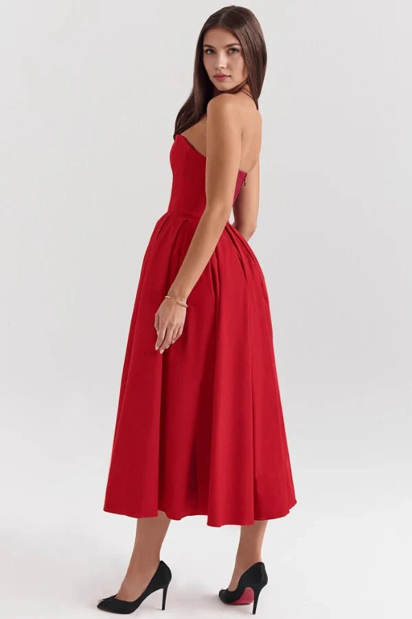 Damen trägerloses Midikleid mit Korsett-Oberteil und plissiertem Rock