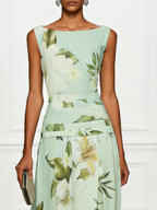 Maxikleid für Damen mit Blumenmuster, ärmellos, Bootsausschnitt und plissiertem Taillenbereich