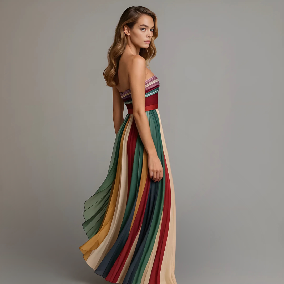Women's Strapless Pleated Rainbow Maxi Dress