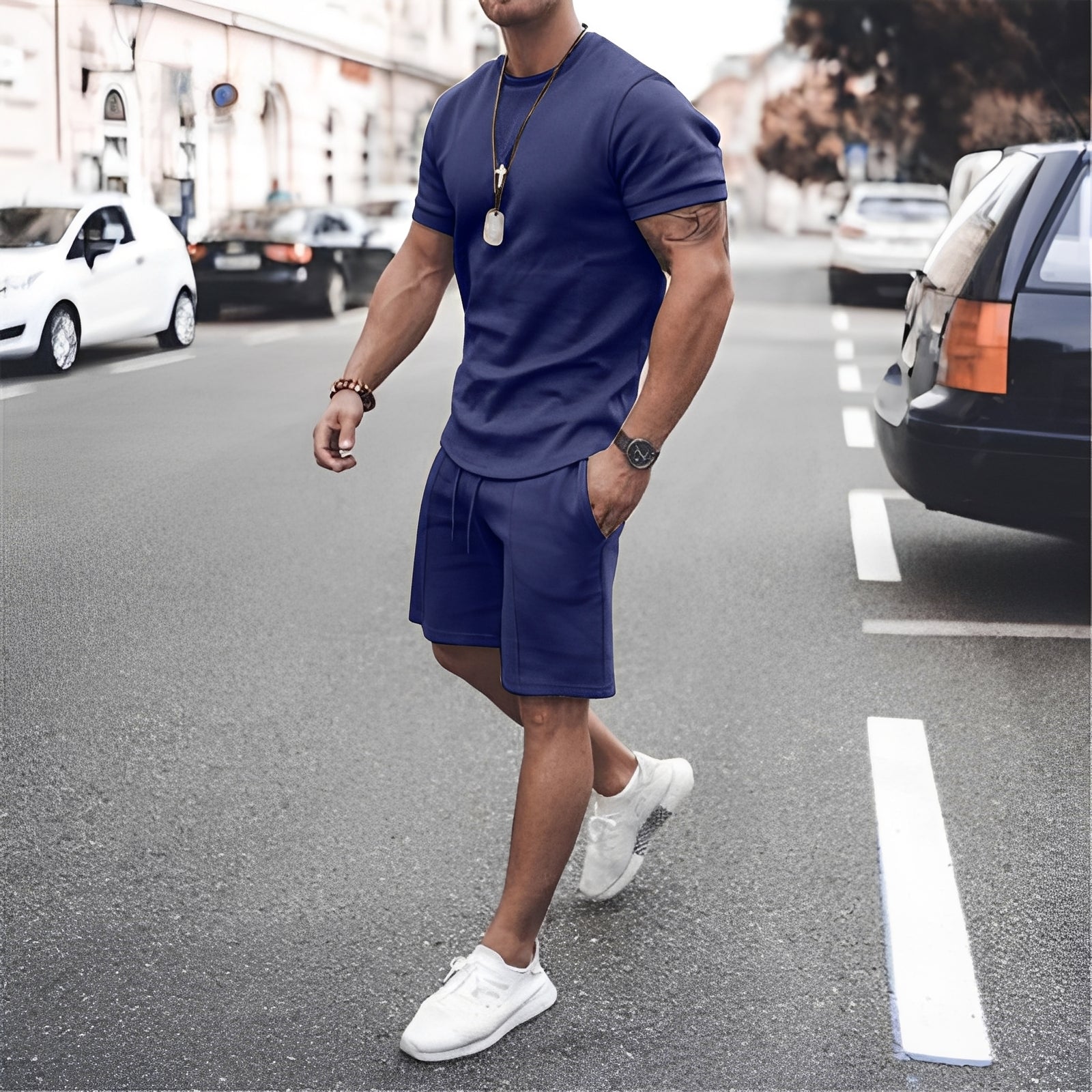 Men's Casual Short Sleeve T Shirt and Drawstring Shorts Two Piece Set