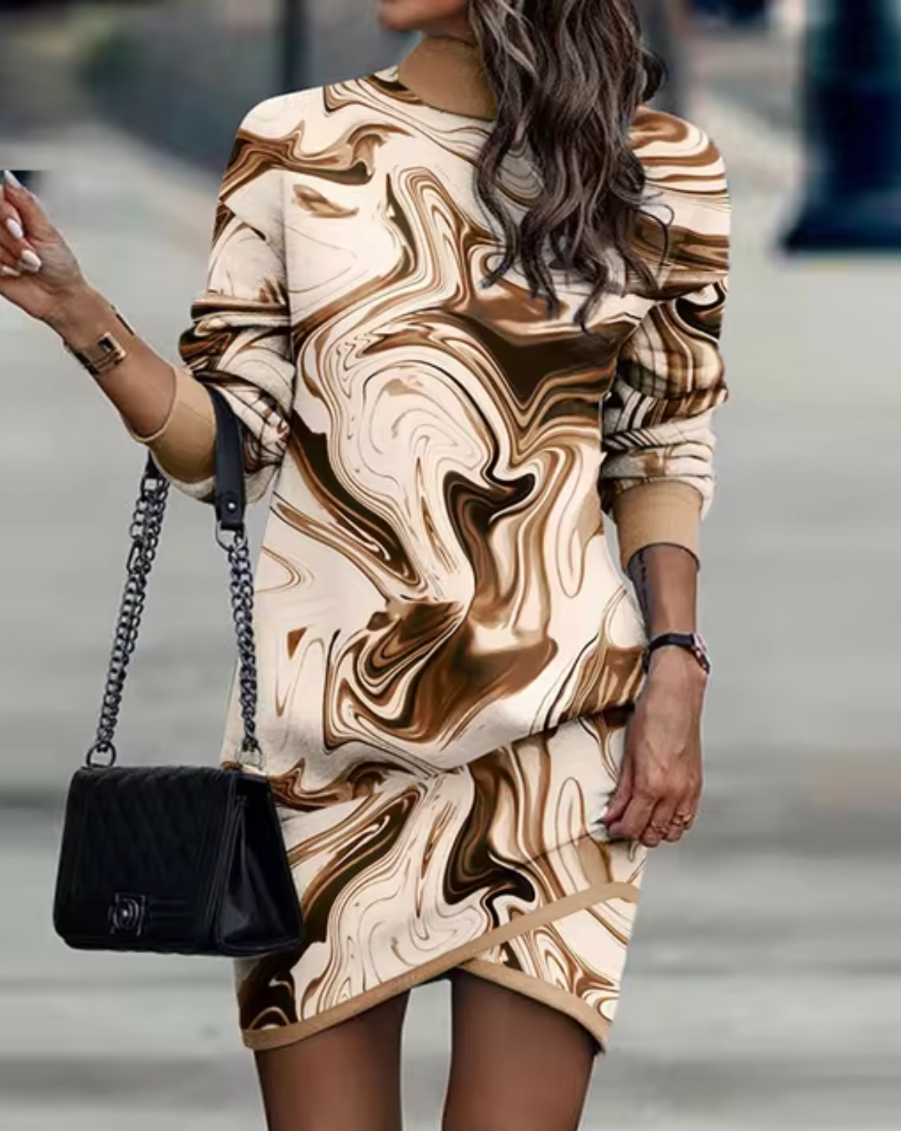 Women's Casual Long Sleeve Dress with Asymmetrical Hem and Ribbed Collar Detail