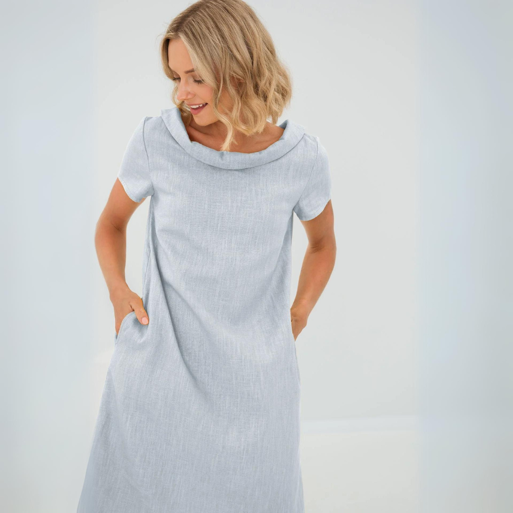 Leinen-Midikleid für Damen mit umgeschlagenem Kragen für den täglichen Sommergebrauch