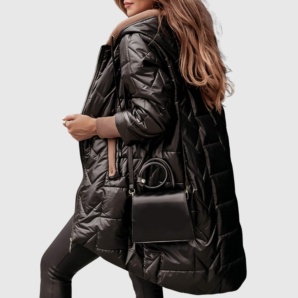 Damen-Steppjacke mit Kapuze, extra langem Schnitt und Daunenoptik